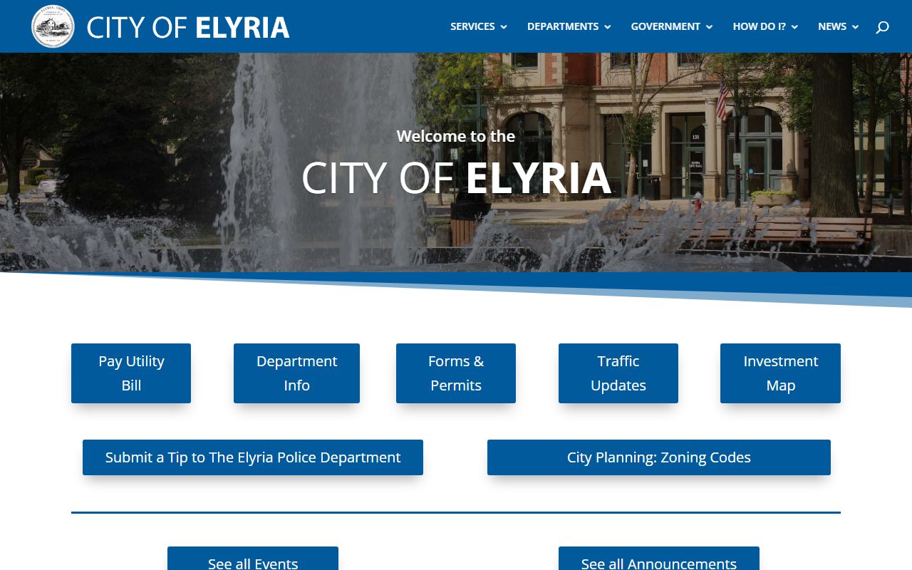 City of Elyria homepage for Elyria bench warrants