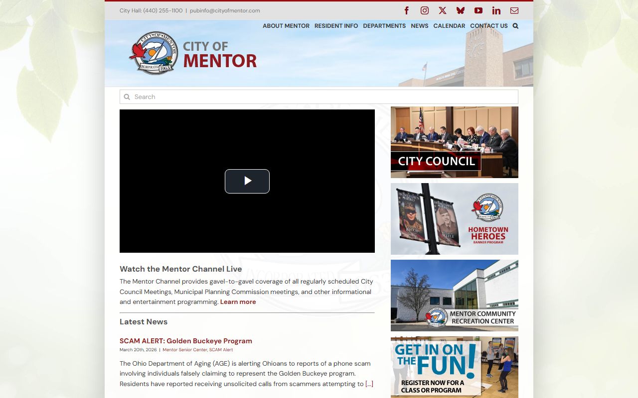 City of Mentor homepage for Mentor bench warrants search