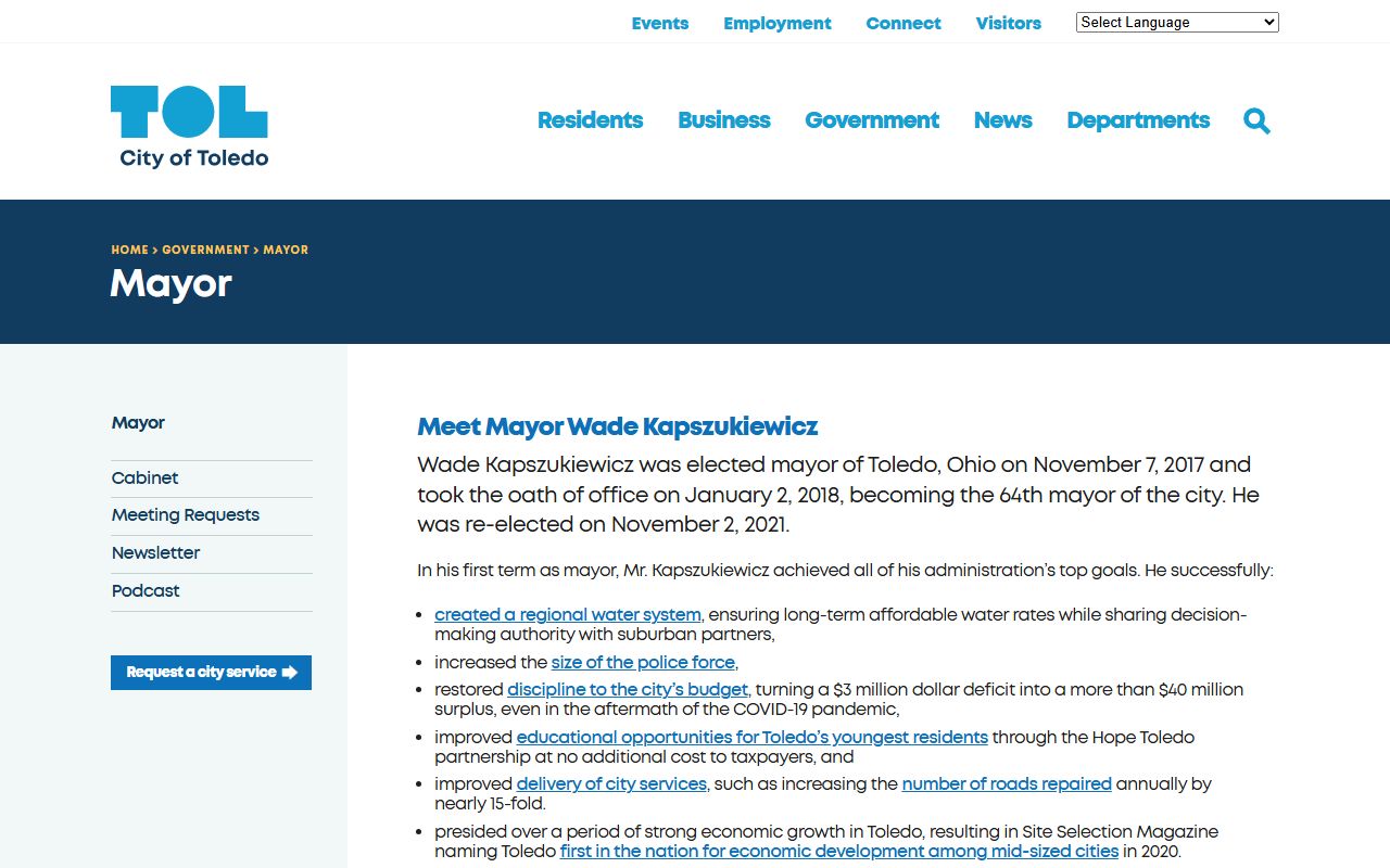 Toledo Mayor's Office page related to bench warrants