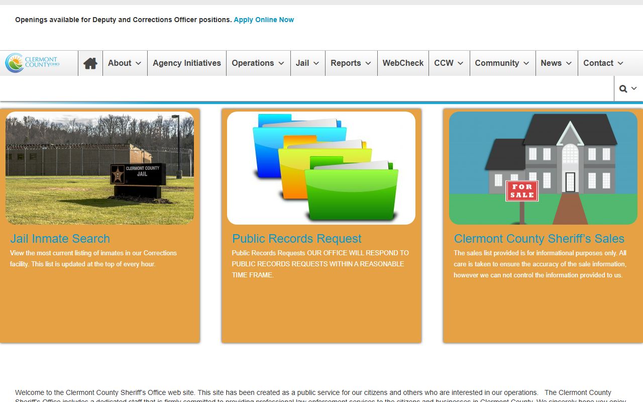 Clermont County Sheriff's Office warrants page for bench warrant searches