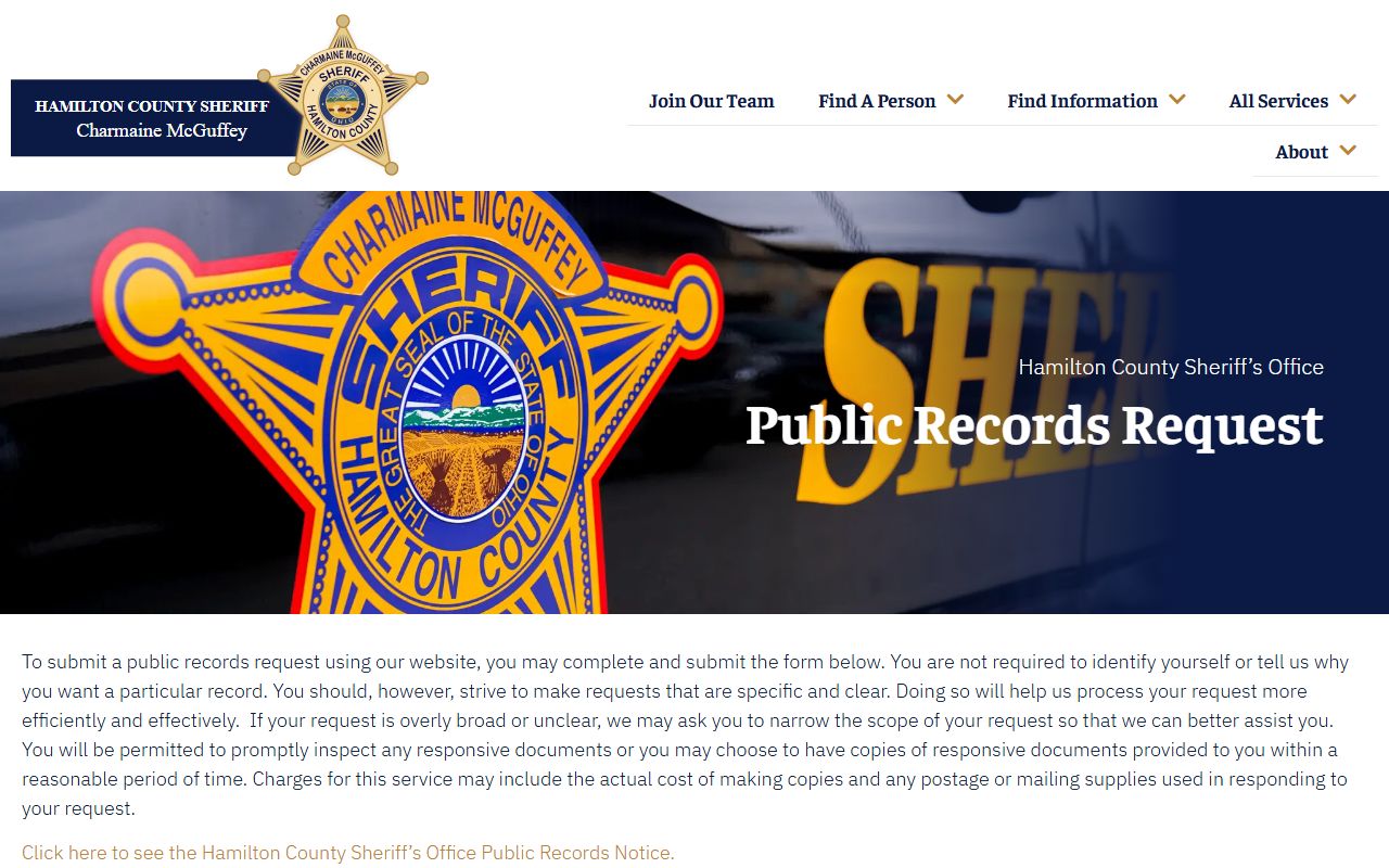 Hamilton County Sheriff public records request page for bench warrants
