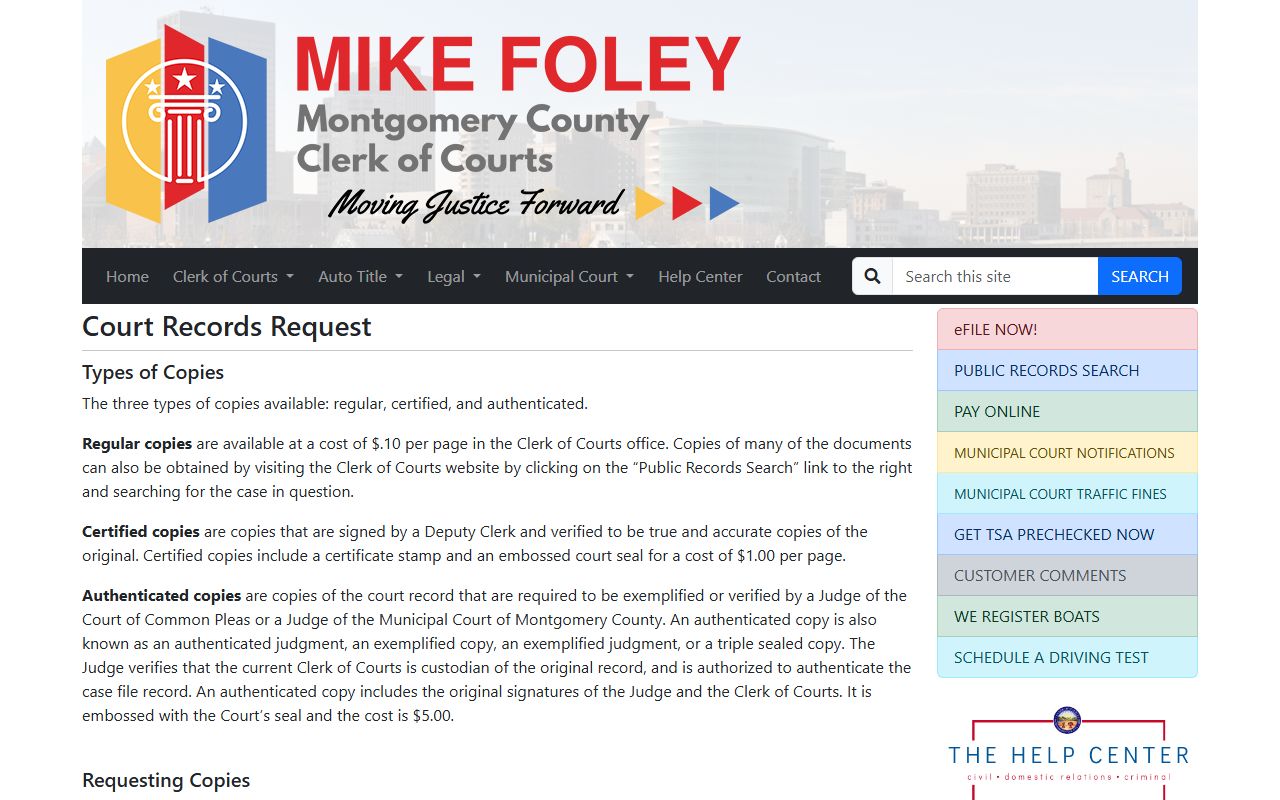 Montgomery County Clerk of Courts records request page for bench warrant documents